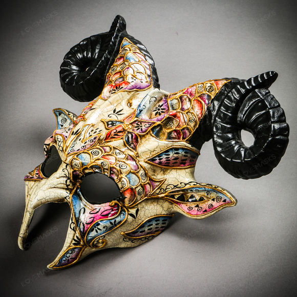 Krampus Ram Demon with Horns Venetian Devil Halloween Mask - Black Gold - Picture 3 of 9